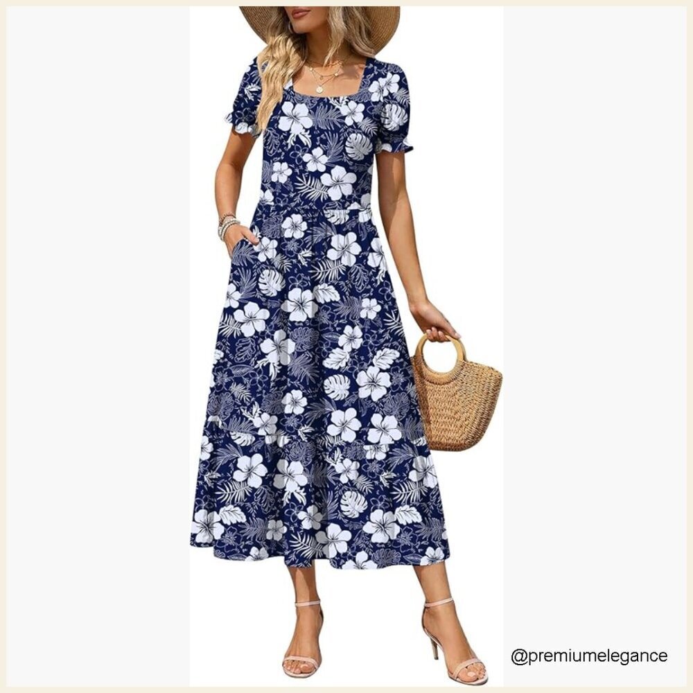 Midi Dress with Pockets Flowy Tiered Summer Casual Beach Vacation